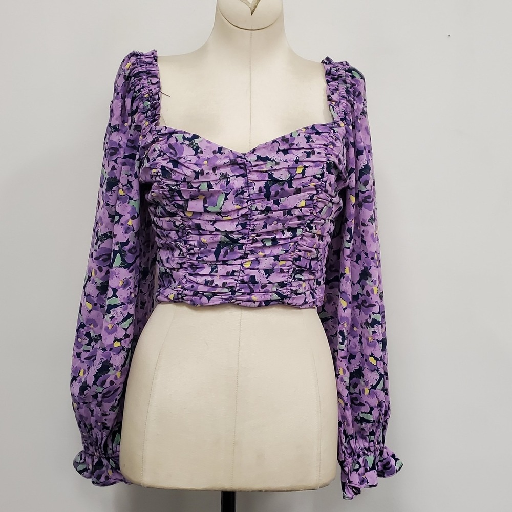 Lush Womens Pleated Long Sleeve Ruched Front Milkmaid Top Size S Purple Floral